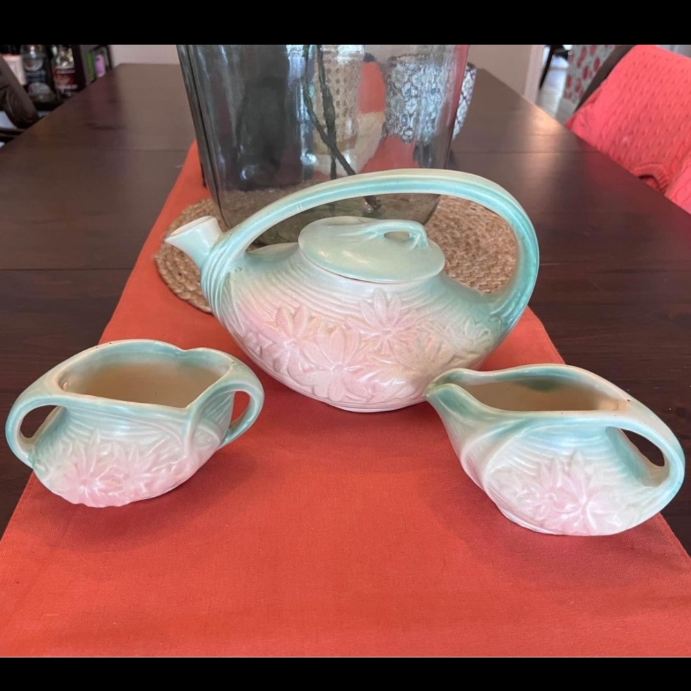Vintage 1940s McCoy Teapot, Creamer & Sugar Daisy Green & Pink